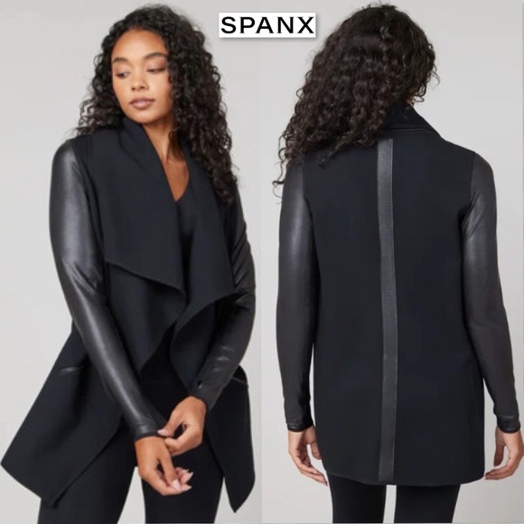 SPANX Jackets & Blazers - SPANX Faux Leather Sleeve Drape Front Jacket Black L Ponte Moto Blazer 50176R